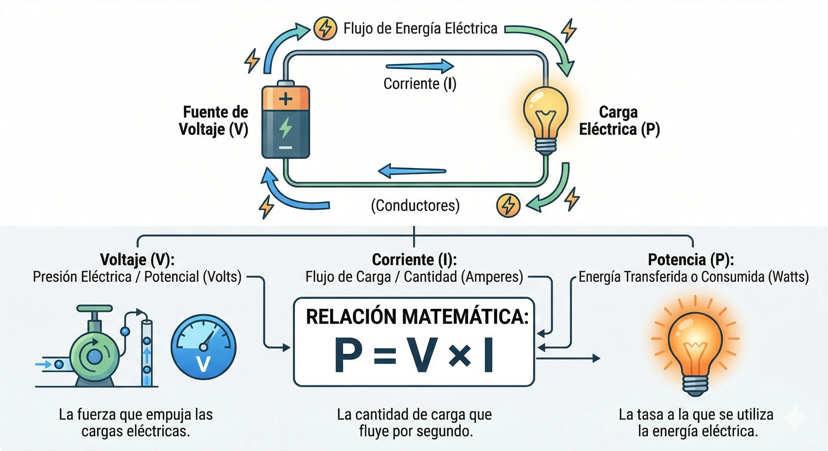Relación entre voltaje corriente y potencia eléctrica en un circuito según la fórmula P igual a V por I